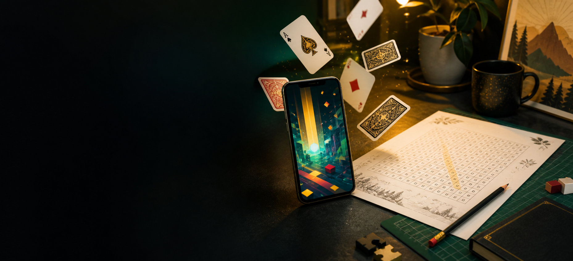Creative studio desk with playing cards, a mobile game and a printable word search